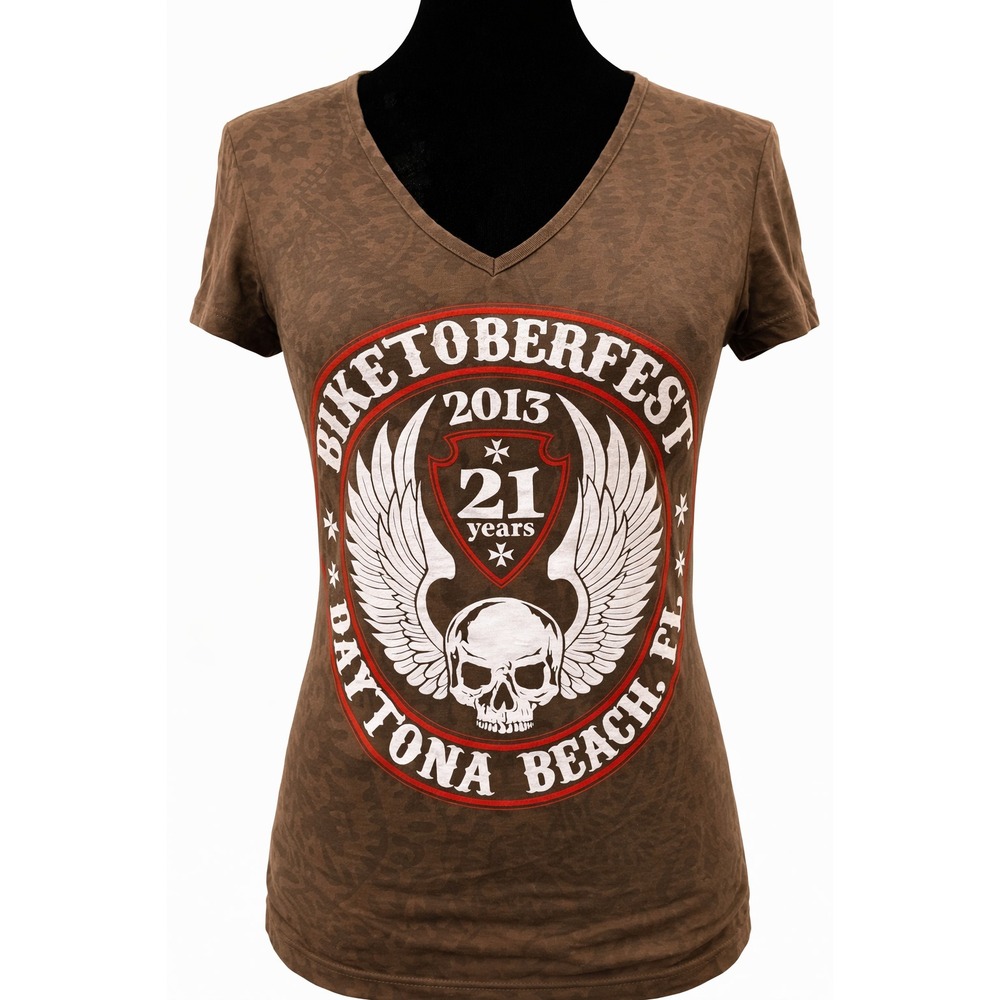 Bikers Club Womens Biketoberfest V-Neck T-Shirt Size Small Brown Paisley Cotton